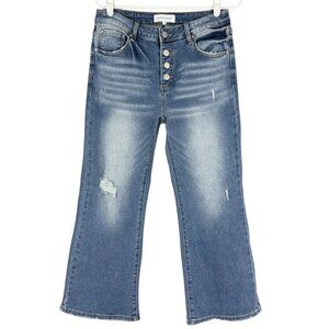 Risen Jeans Womens Distressed Stretch Button-Fly Wide Leg Blue Denim Jeans 11/30